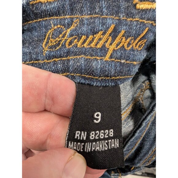 Southpole Bib Overall Shorts Womens Size 9 Denim Embroidered Faded Whiskers - Picture 11 of 12